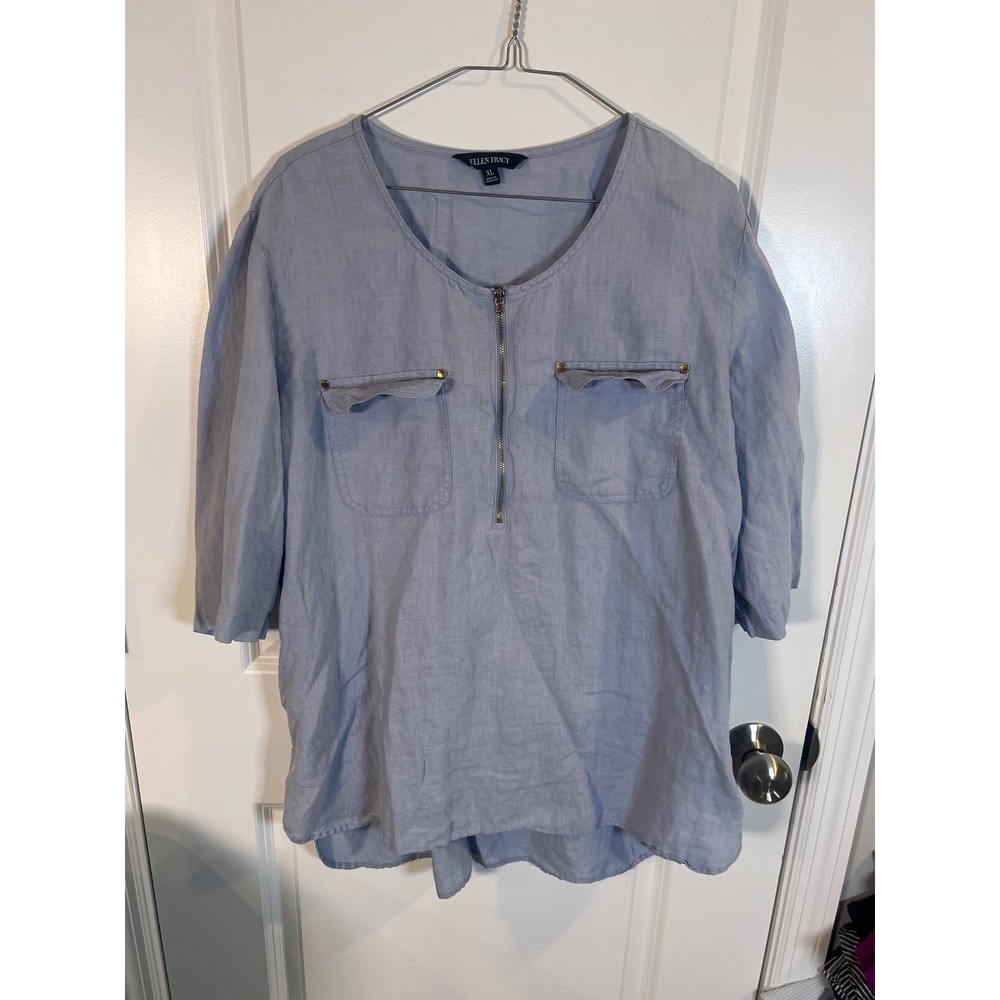 Ellen Tracy Womens Top 100% Linen Zip Front Light Blue XL